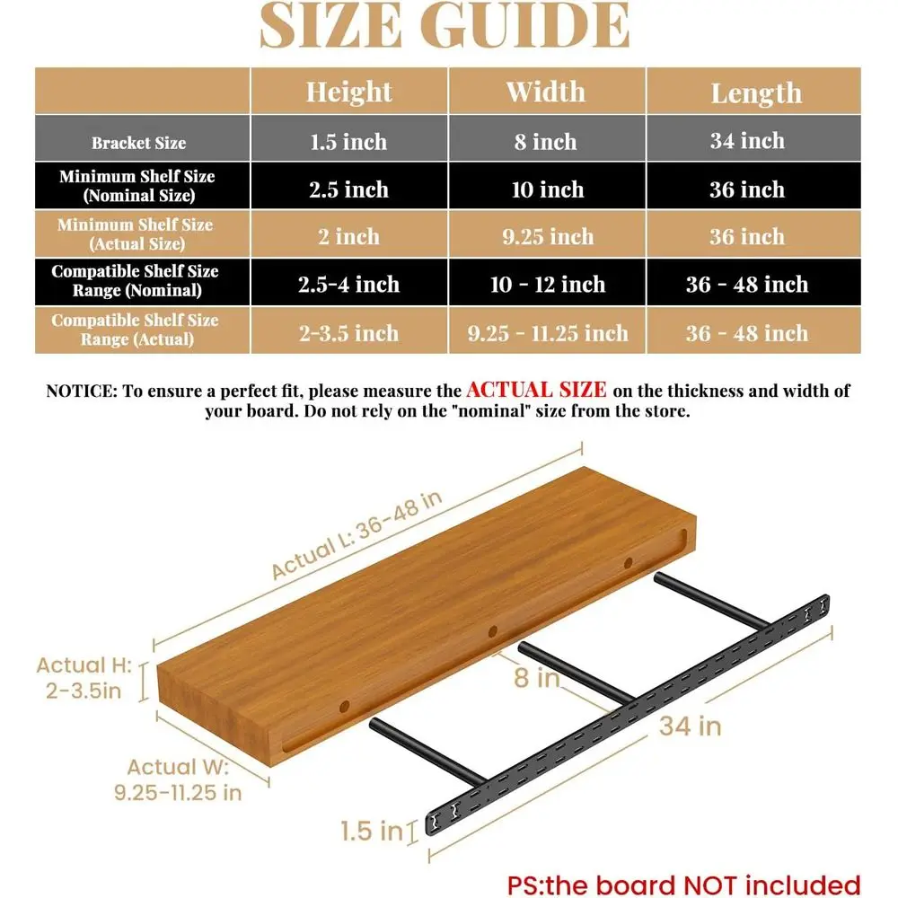 2-Pack Heavy Duty Invisible Wall Brackets for Floating Shelves, 34x8x1.5 with Mounting Jig & Tools