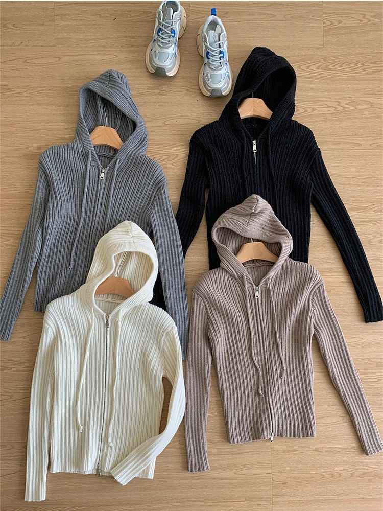 Autumn Winter Women Vintage Korean Fashion Tide Knitwears Suit Outfits 2 Piece Set Hoodies Cardigan Tops + Mini Pleated Skirt