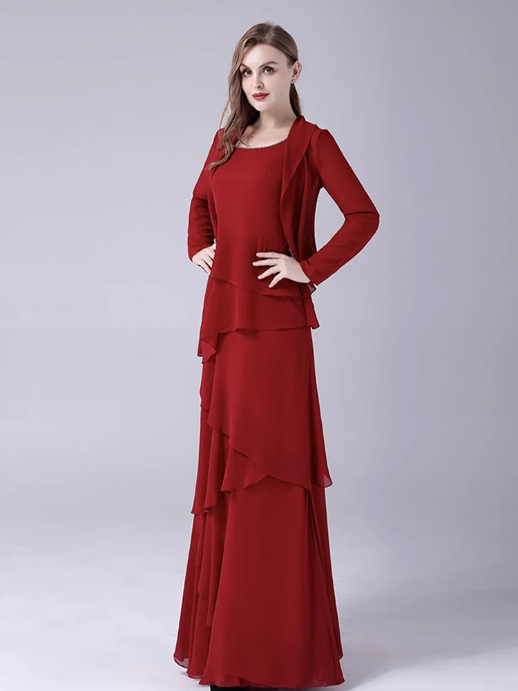 Red Chiffon Long Mother Of Bride Dresses Suits With Chiffon Jacket Long Sleeves  Women Summer Elegant Wedding Party Dress