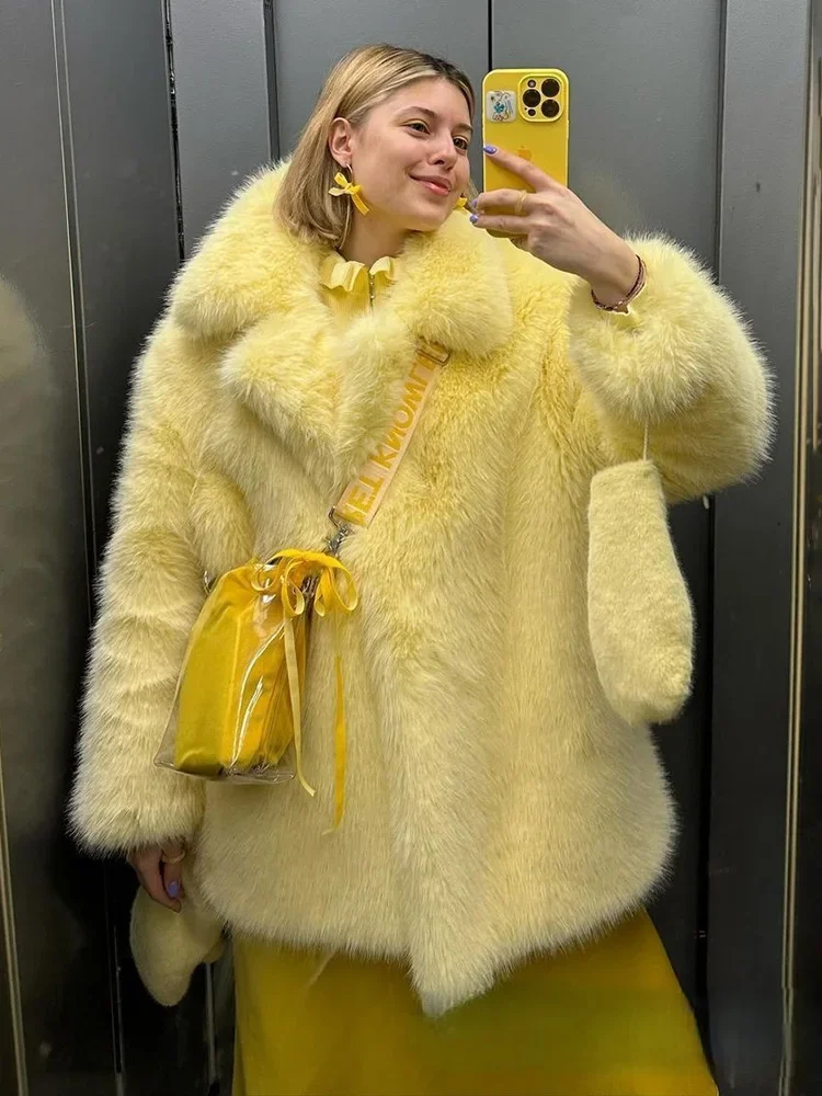 

TARUXY 2025 Winter Imitation Fox Fur Mid-length Coat For Women Fashion Artificial Lapel Thicken Streetwear Faux Fur Jacket