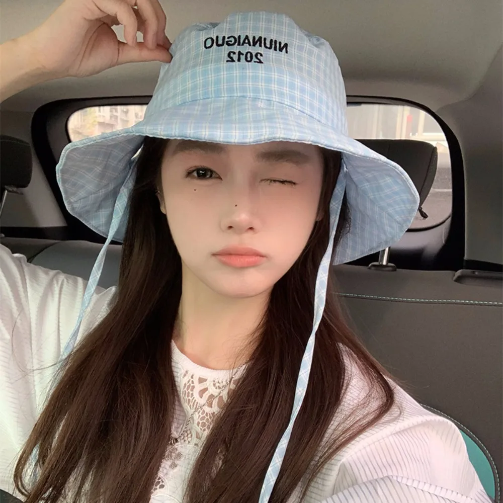 

Letter Embroidery Lattice Fisherman Hat Adjustable Drawstring Wide Brim Sun Hats Windproof UV Protection Summer Hats