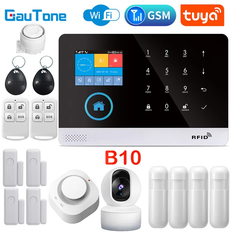 GP-103 Gautone Tuya Smart Wifi Home Security Alarm System Wireless GSM Fire Alarm System Panel Smart Life App Control work