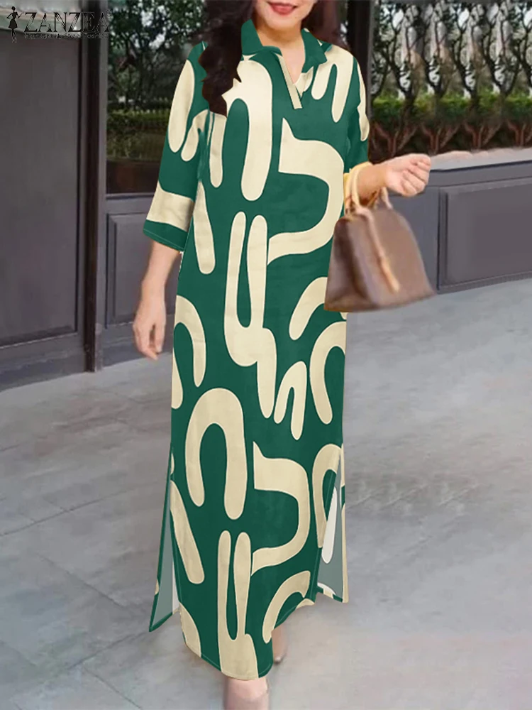 ZANZEA Fashion 2025 Autumn Women Lapel Neck Long Sleeve Dress Printed Dresses Robe Femme Maxi Long Dress Casual Kaftan Oversize