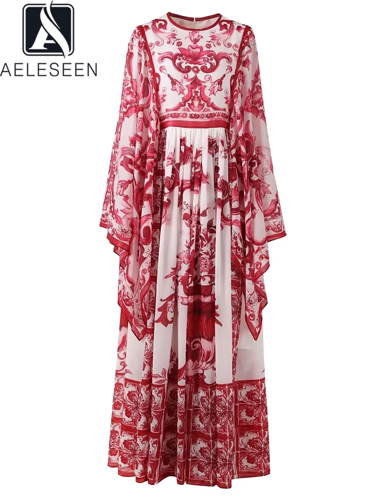 

AELESEEN Chiffon Summer XXL Dress Runway Fashion Women Batwing Sleeve Red Porcelian Print Sicilian Long Party Holiday