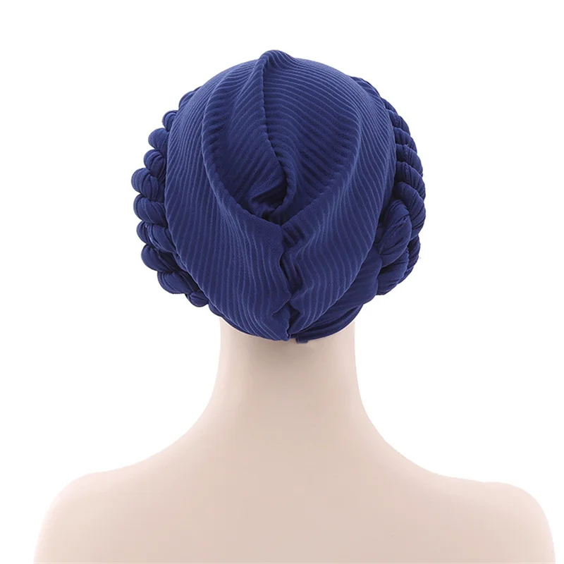 Solid Color Double Braids Turban Caps for Women Rippled Muslim Headwear Braid Hat Islamic Female Head Wrap Bonnet Turbante Mujer