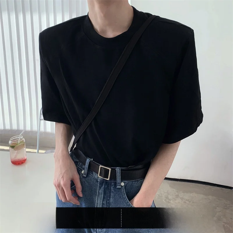 

Autumn Mountain Wind Summer New Style 2026 Detachable Pad Shoulder Short Sleeve Men Casual Loose All-Match Pure Color T-Shirt...