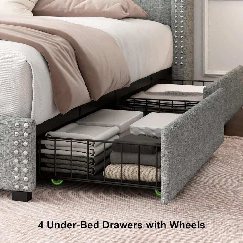 Bed frame with 4 storage drawers, padded platform bed frame, solid wood slats support, no box spring platform required,bed frame