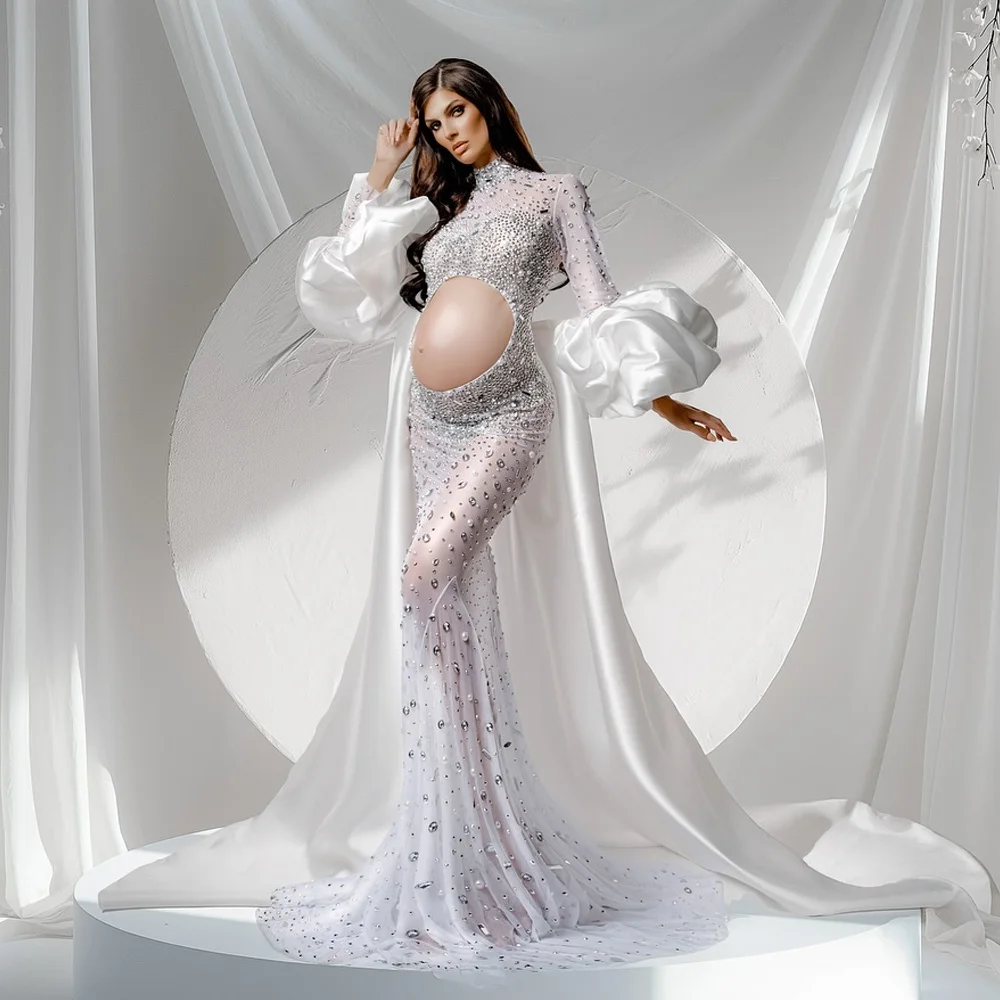 Mulheres grávidas sessão de fotos vestido elegante brilhante strass vestido de noite sexy ver através de vestidos de maternidade elásticos