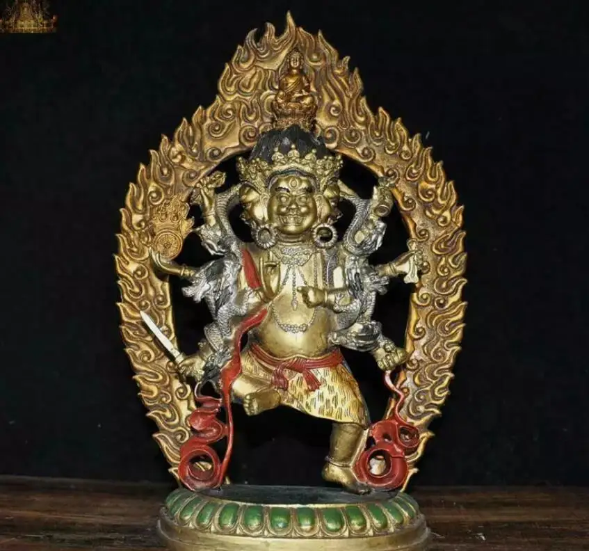 Tibet Buddhism bronze Gilt Painted Tantra Mahakala Wrathful Deity Buddha Statue