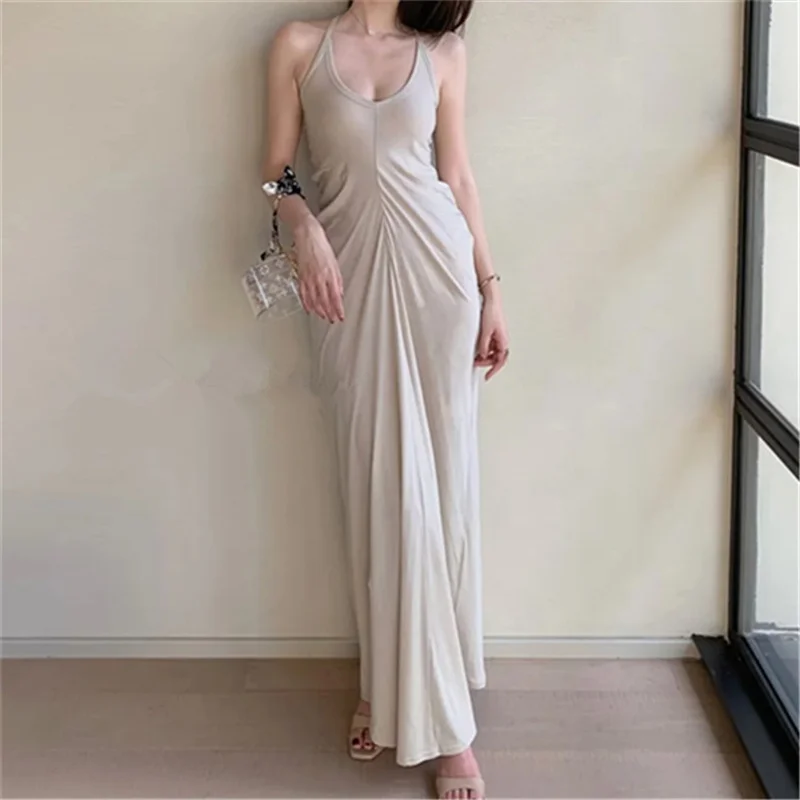 Not picky high elastic women's long skirt with pleated cut for slimming effect Slim strap  extra long tank  dress C98