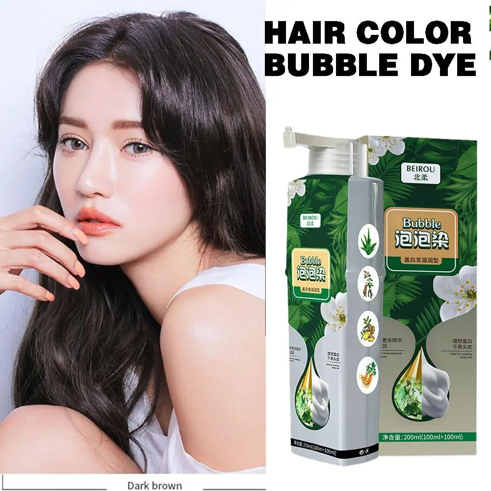 Shampoo Bubble Hair Dye para mulheres e homens, Shampoo para colorir ingredientes herbais em minutos, Tintura de cabelo castanha, 200ml