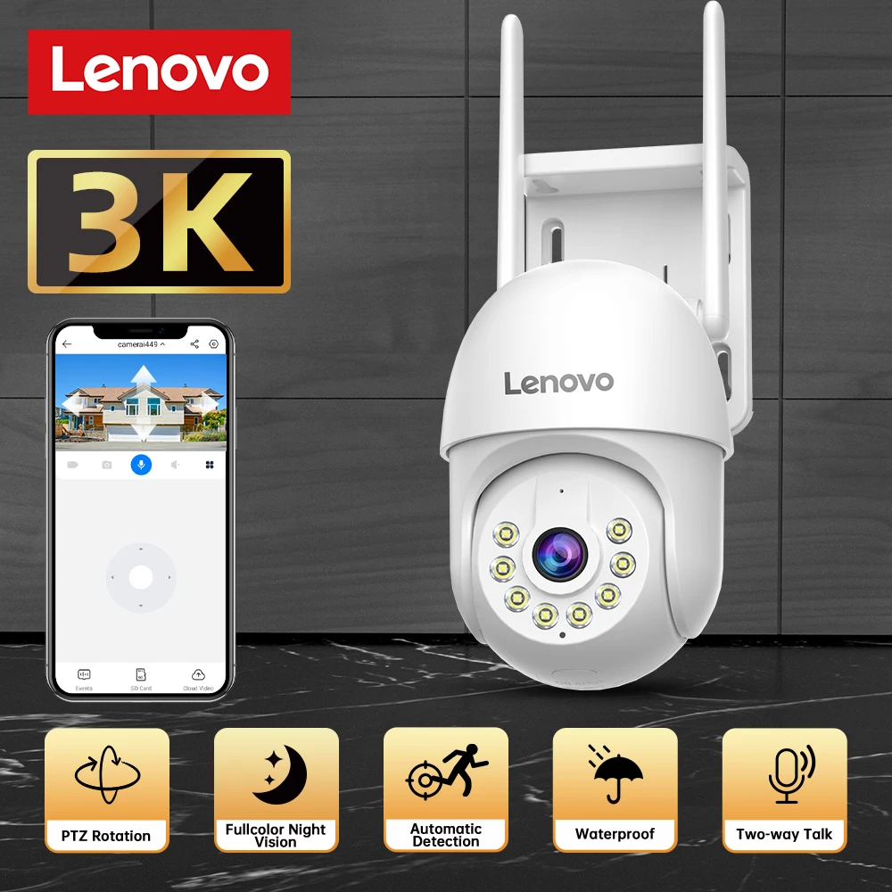 Caméra de surveillance IP WIFI Lenovo 5MP, vision nocturne couleur HD, suivi automatique, zoom numérique 5X, PTZ, moniteur de sécurité vidéo extérieur