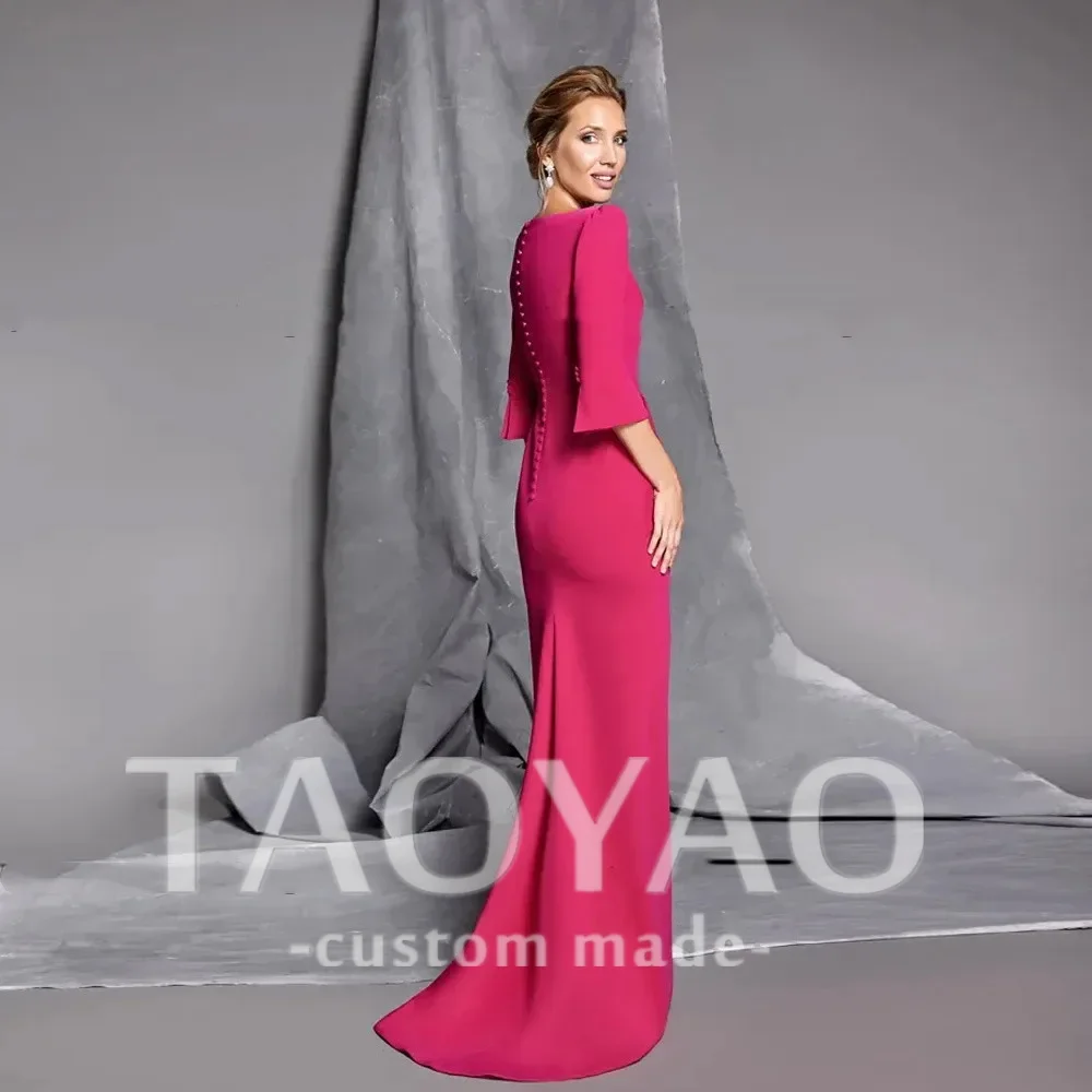 Satin Elegant Formal Party Evening Dress Three-quarters Sleeve Mermaid Floor-Length Back Button Prom Dress Ruching New Arrival