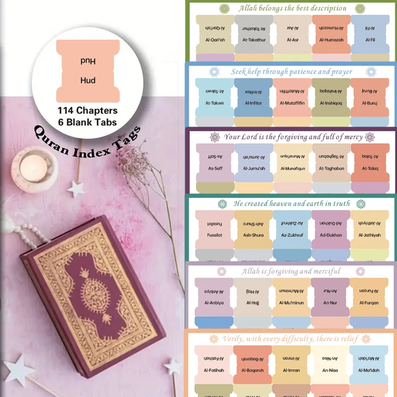120 قطعة من علامات تبويب مؤشر القرآن الكريم - 114 فصول و6 فارغة، ذاتية اللصق، 6 أوراق مغلفة لعلامات القرآن الكريم - مقاومة للتمزق، طباعة واضحة لـ #4
