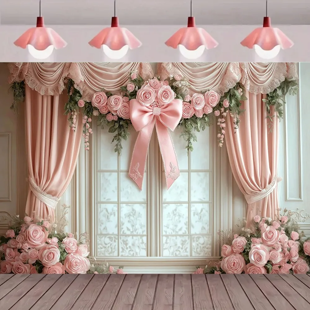 

Classic Pink Gold Bow Theme Party Banner Photography Backdrop, Children's Birthday Party Decoration Photography Studio Backdrop