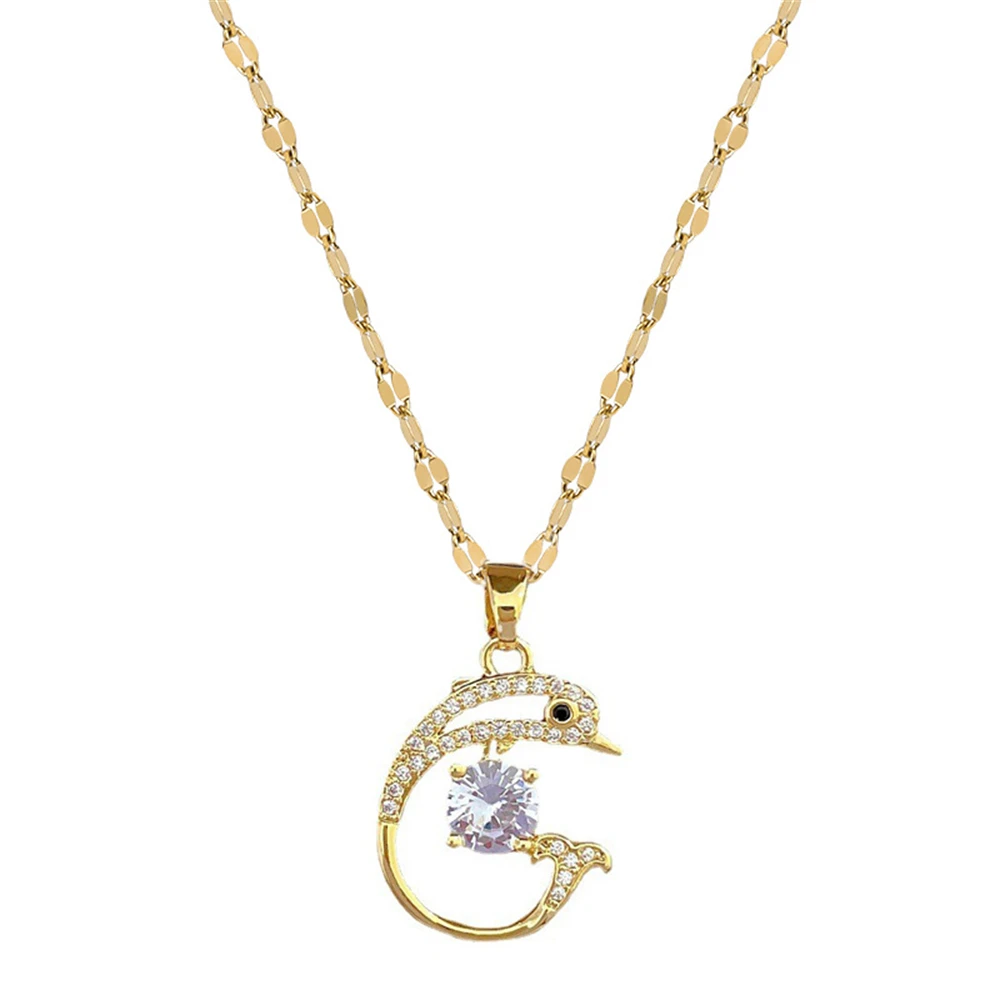 Cute Dolphin Necklace for Women Fashoin Crystal Pendant Necklaces Choker Stainless Steel Clavicle Chain Jewelry Accessories