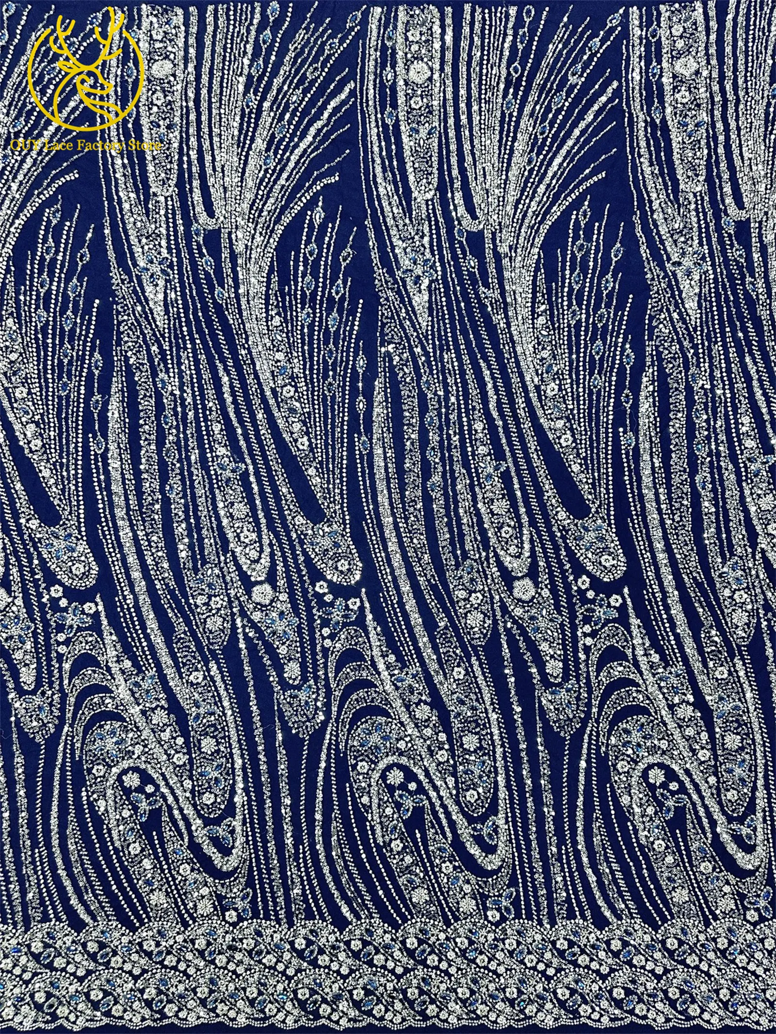 Marineblauer französischer Luxus-Spitzenstoff mit Perlen und Steinen 2026 Nigerianischer afrikanischer Pailletten-Spitzenstoff, geeignet zum Nähen von Abendkleidern – Detail 7