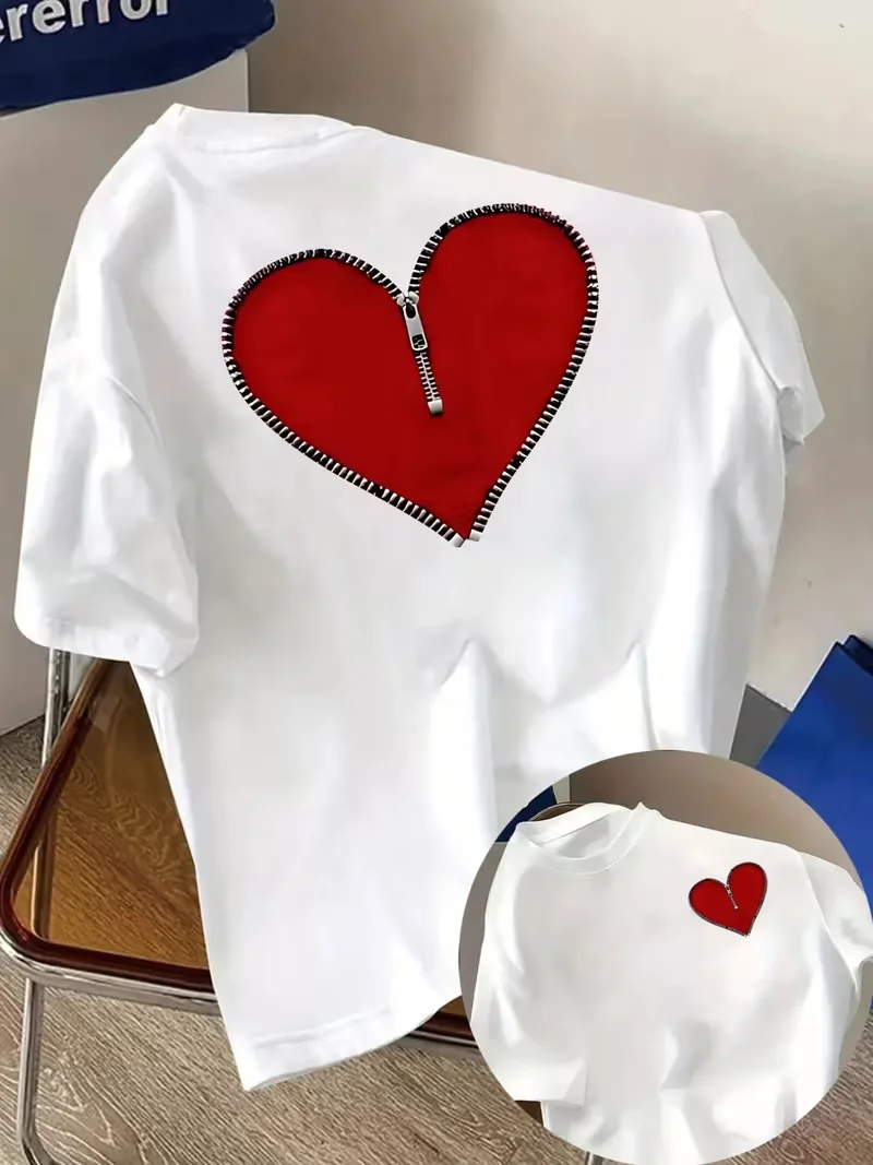 Heart-shaped Zipper Graphic Print Women Tee Crew Neck Short Sleeve Women Casual Breathable Harajuku Aesthetic Simple Stylish Tee