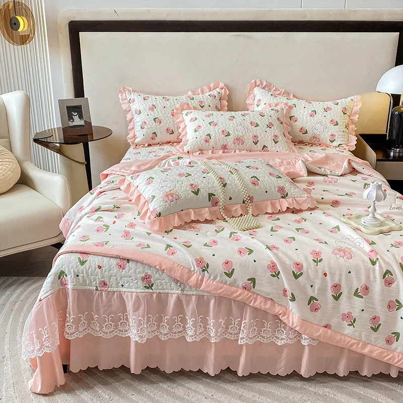 Class a Maternal Child Grade and Linen Bedspread Summer Quilt Four-Piece Set Korean Style Lace Fresh Bubble Cotton Th