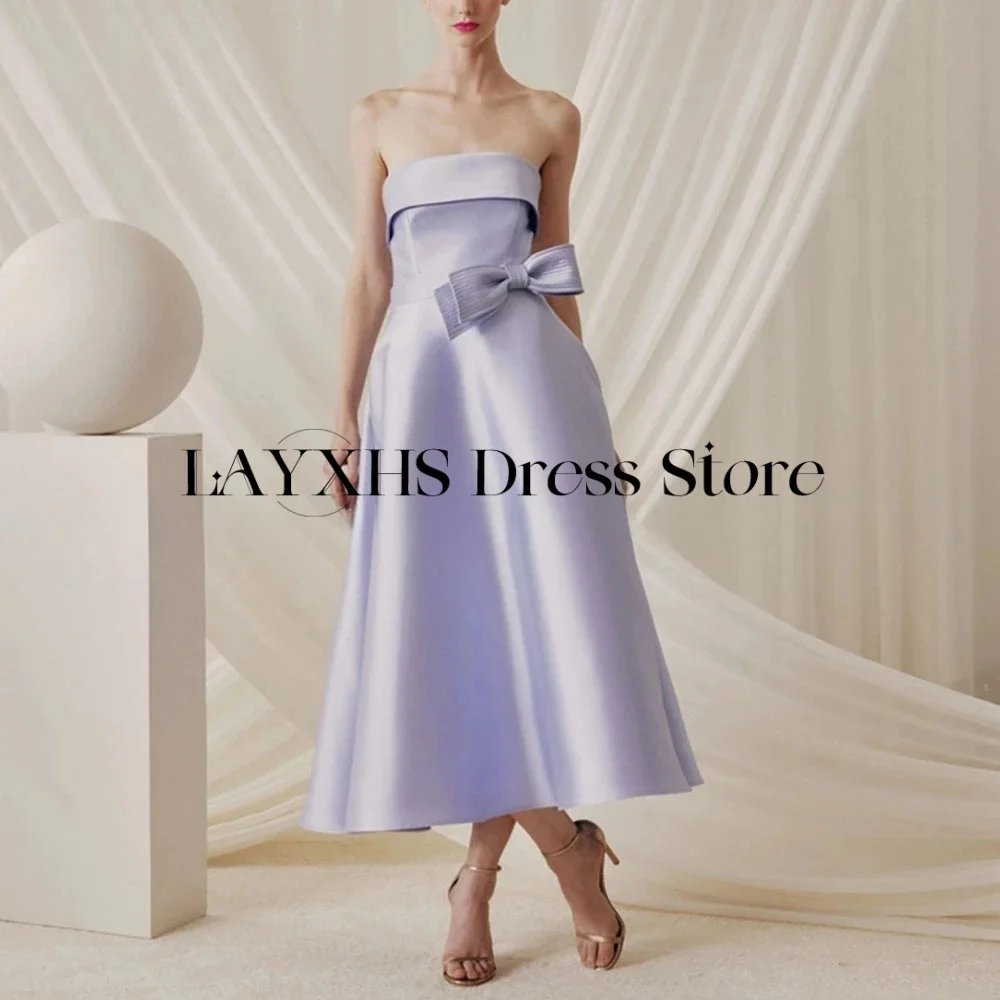 LAYXHS Simples Strapless Vestidos de Noite Roxo A Linha Arco Tornozelo-Comprimento Vestido de Baile de Festa Personalizado فستانmavera