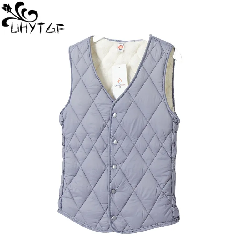 

UHYTGF Plush Warm Autumn Winter Vest Womens Single Breasted Slim Sleeveless Parka Coat Female Casual Short Waistcoat Jacket 2378