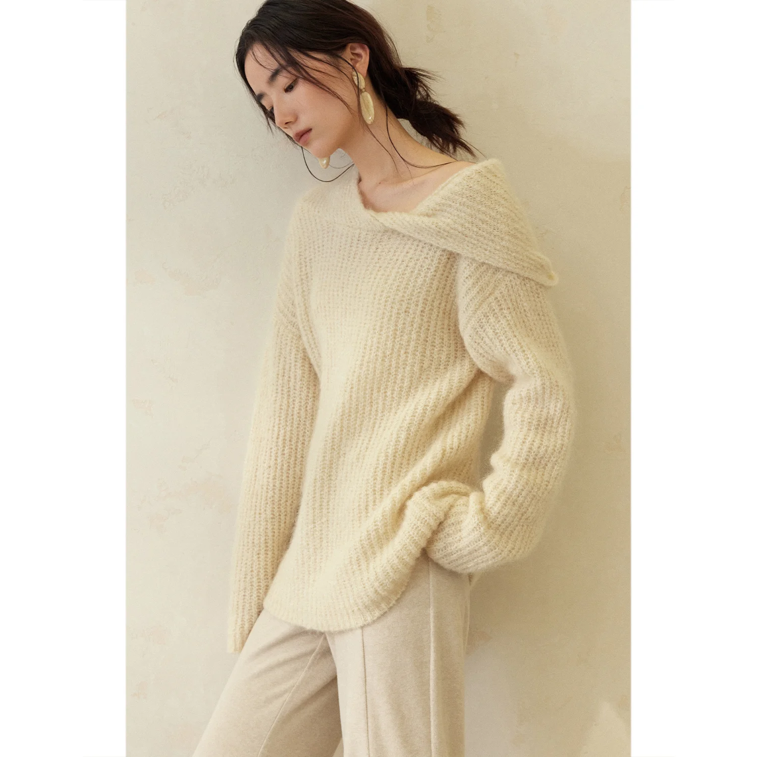 

MURMURMI Large Hooded Camere Sweater Women's Loose Fit Commute Sle Autumn Winter Knitwear Pure Color Casual Faion