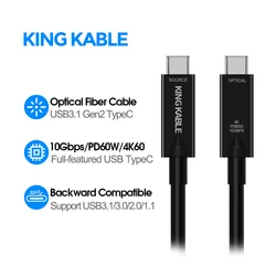 KING KABLE Optical Fiber TypeC Cable Full Function USB3.1 Gen2 Data Cable 4K60 PD60w 20V-3A 10Gbps Cord For Camera 5m 8m 10m