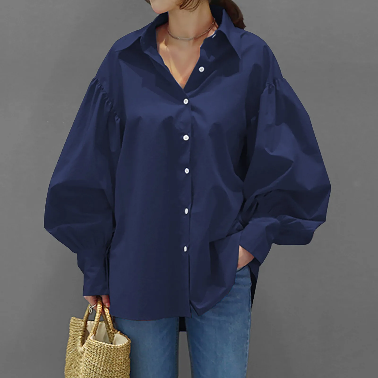 Woman Spring Fall Solid Casual Shirt Loose Lapel Button Up Blouse Korean Fashion Long Lantern Sleeve Clothes Oversize Simple Top