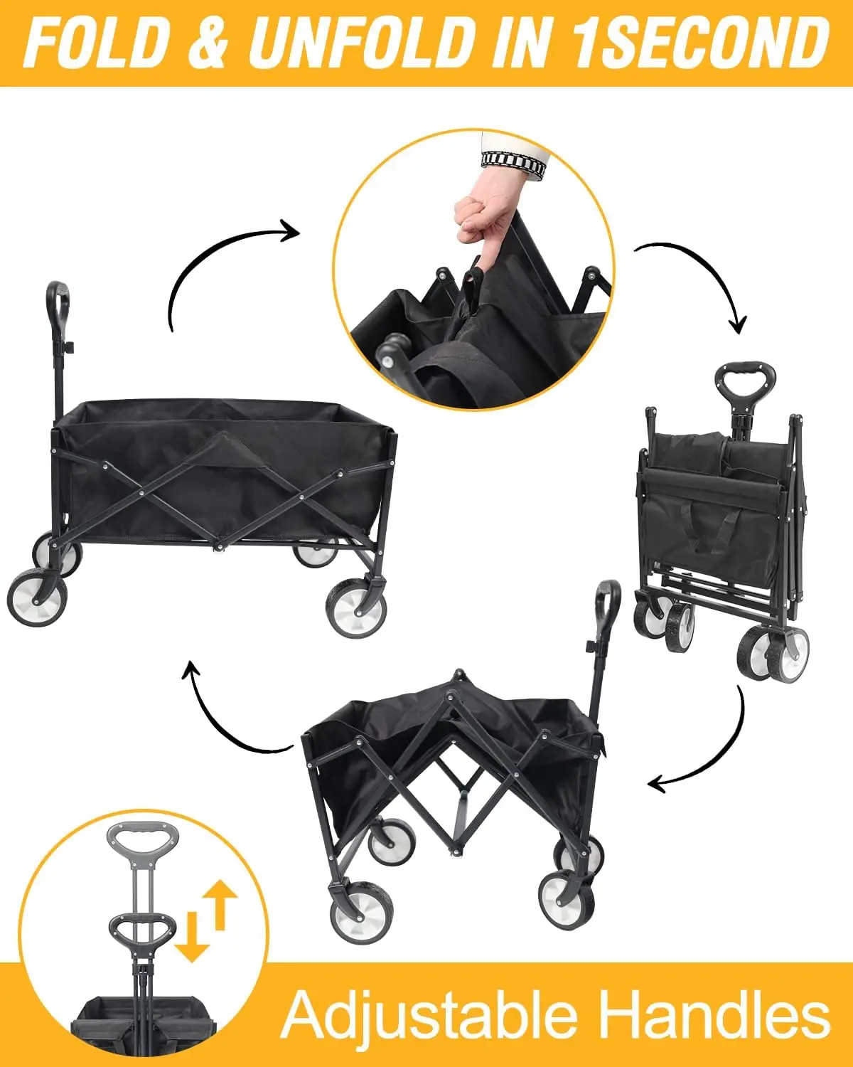 NEW Collapsible Folding Outdoor Utility Wagon, Beach Wagon Cart with All Terrain Wheels & Drink Holders, Garden & Beach Black