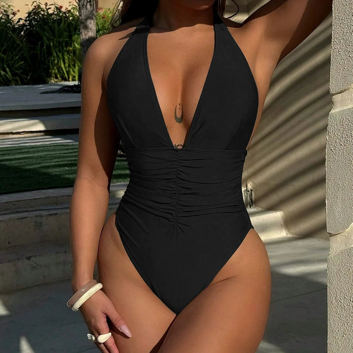 DEKA Metal Ring Deep V Neck Swimwear Tie Dye Cut Out One Piece Swimsuit Women Female Monokini High Leg Cut Bather Bathing Suit