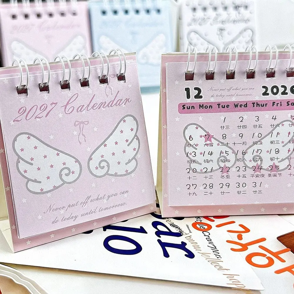 Paper Tabletop Calendar Spiral Bound Standing Mini Desk Calendar Star Pattern Angel Wing Pattern Flip Calendar Study Desk Decor