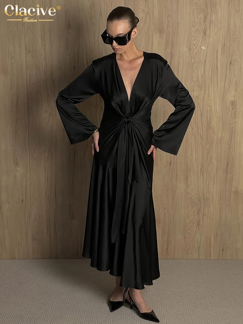 

Clacive Sexy Loose Black Satin Women's Dress Fashion Deep V-Neck Long Sleeve Ankle Length Dresses Elegant Lace-Up Female Dress