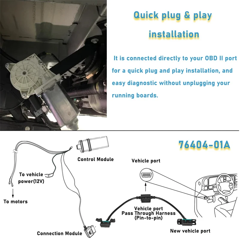 76404-01A Plug-N-Play Pass Through Harness for PowerSteps Running Boards Wiring OBDII Adapter Fit for Except Ram, Toyota