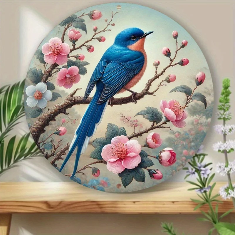 Retro Round Metal Wall Art, Blue Bird on Pink Flowers - Size 20.32X20.32 cm, Aluminum Aluminum Plate Material. Perfect for Decor