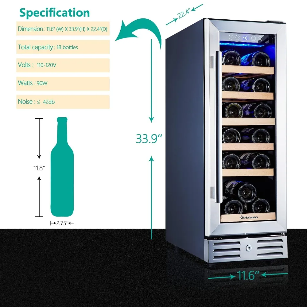 12 inch Wine Cooler Refrigerator, Built-in or Freestanding Wine Fridge, with Stainless Steel & Double-Layer Tempered Glass Door