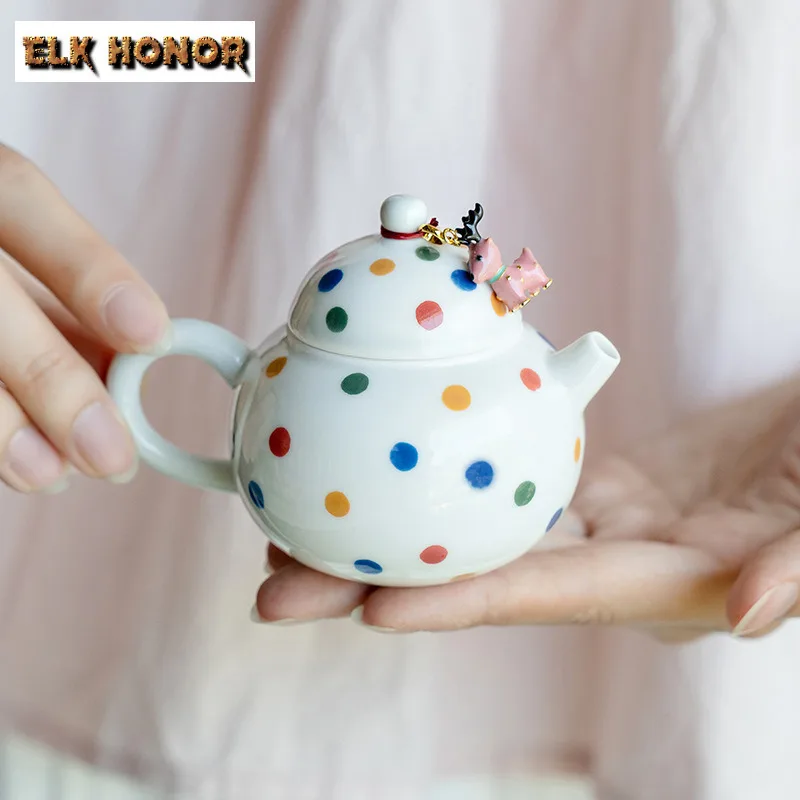 110ml Hand Drawn Wave Point Tea Pot Ceramic Round Pavilion Teapot Tea Brewing With Pendant Vintage Pot Tea Maker Kettle Craft