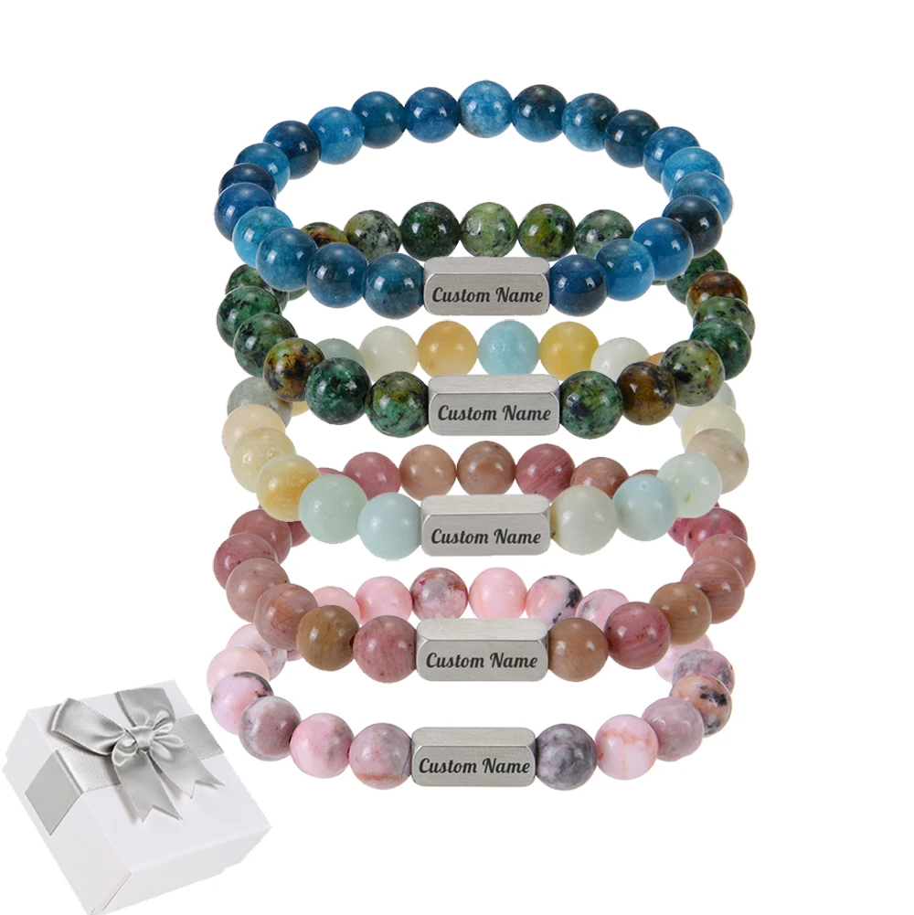 

Personalized ID Name Bracelet for Women Men Stainless Steel Bar Engraved Name Bracelet Natural Beaded Valentine's Day Gift
