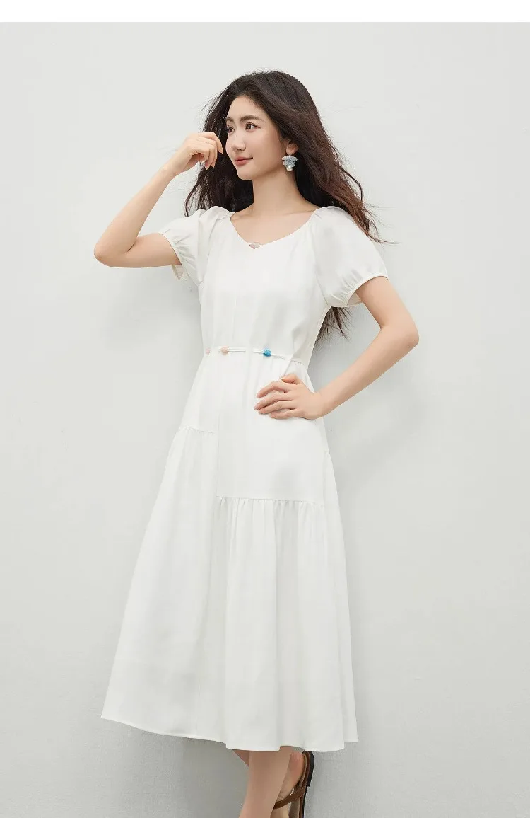 SENTUBILA Damen A-Linien-Kleid, weiß, V-Ausschnitt, asymmetrischer Schnitt, farblich abgesetzte Details, mit Perlen verziert, mit Bändern, kurze Puffärmel, Kleid 162LO5948 – Detail 22