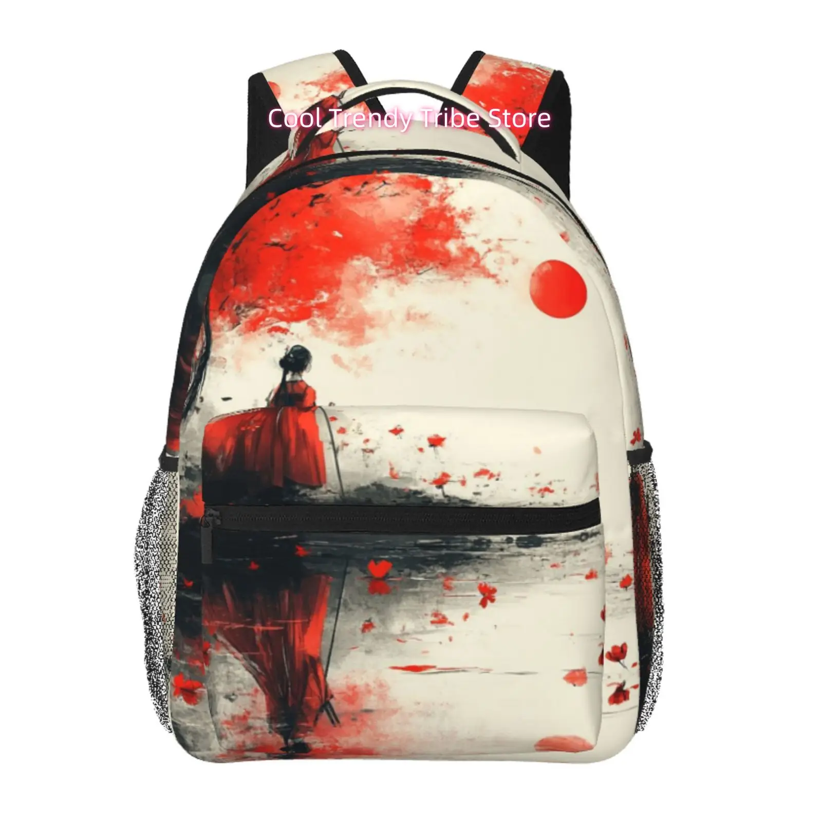 Red Ink Wash Lady Print Backpack, Adjustable Shoulder Straps, High Quality Oxford Cloth, for Women Travel, Outdoor& Sports