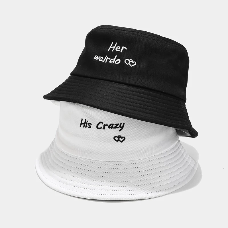 Couple Bucket Hat Set Her Weirdo His Crazy Embroidered Cotton Sun Hats for Lovers Matching Outdoor Beach Fisherman Cap
