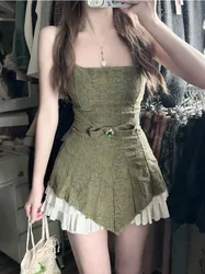 Shpmishal  Summer Pure Style Tailored Cut Irregular Sleeveless Suspended Top High Waist Half Skirt Two Piece Set