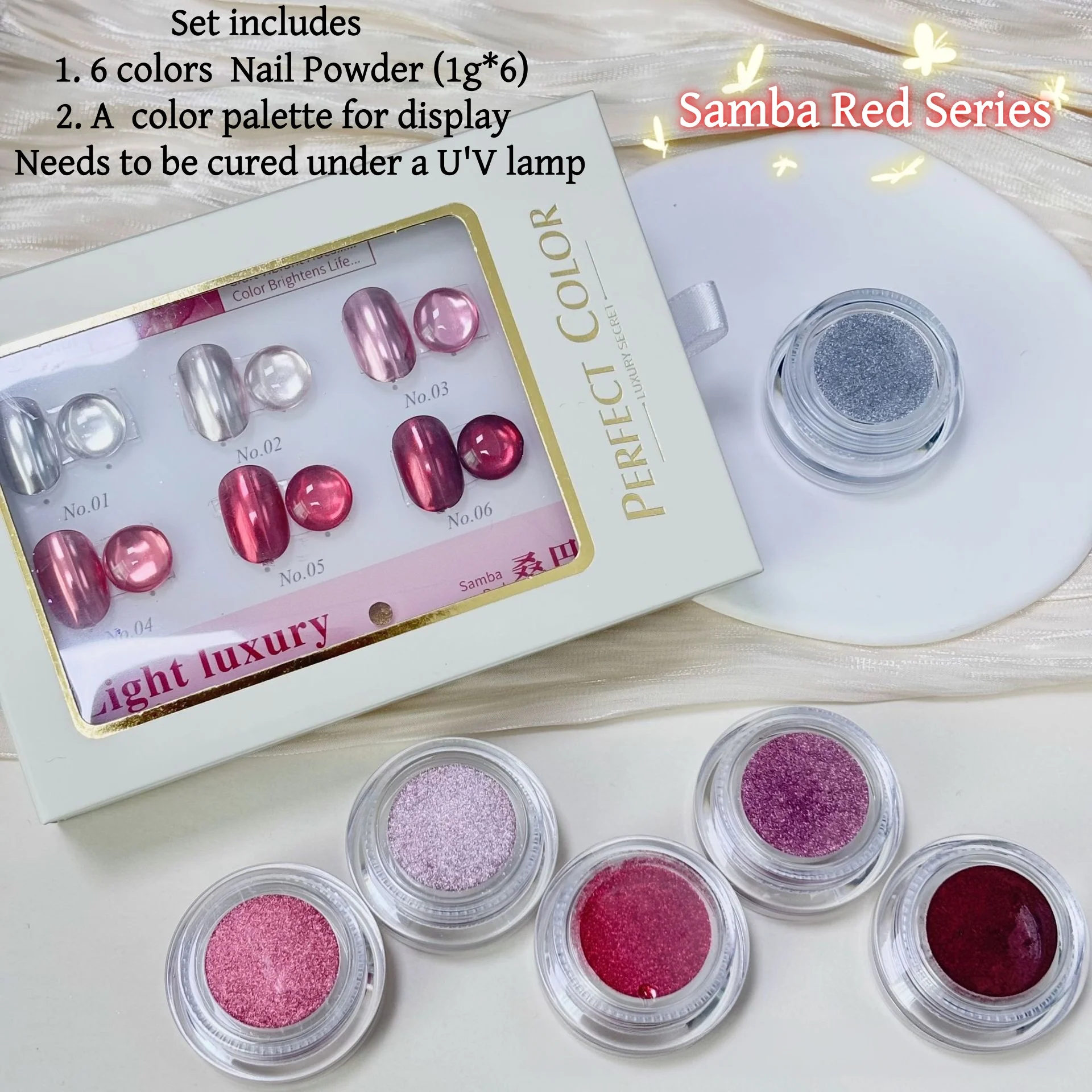 6-Color Nail Powder Set with Color Board, Samba Red High-End Manicure Kit, New Year Special, Professional Salon Use