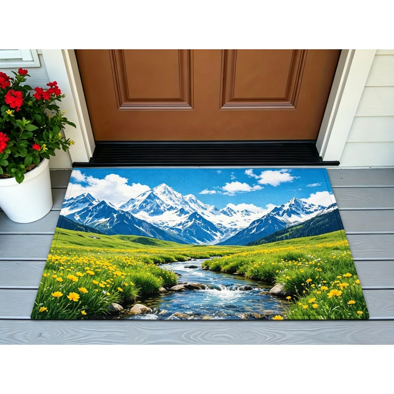 Alpine Mountain Meadow Rectangular Carpet Snow Peak Stream Wildflower Nature Landscape Design Area Rug for Porch Home Decor