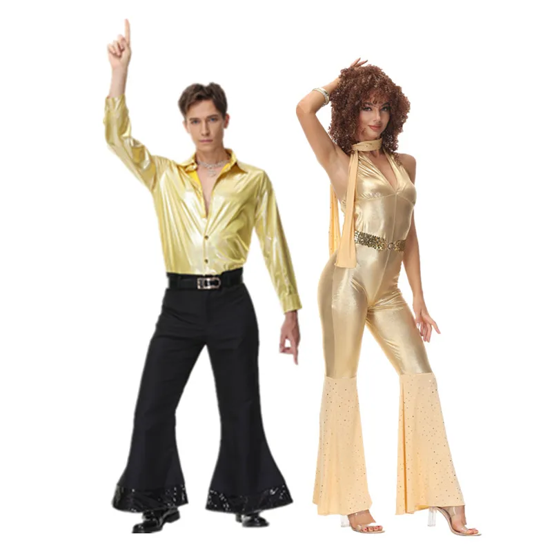 

Vintage Rock Disco lovers Singer Costumes Women Halloween 70s 80s Hippie Cosplay Costume Stage Performance golden Dancing Outfit