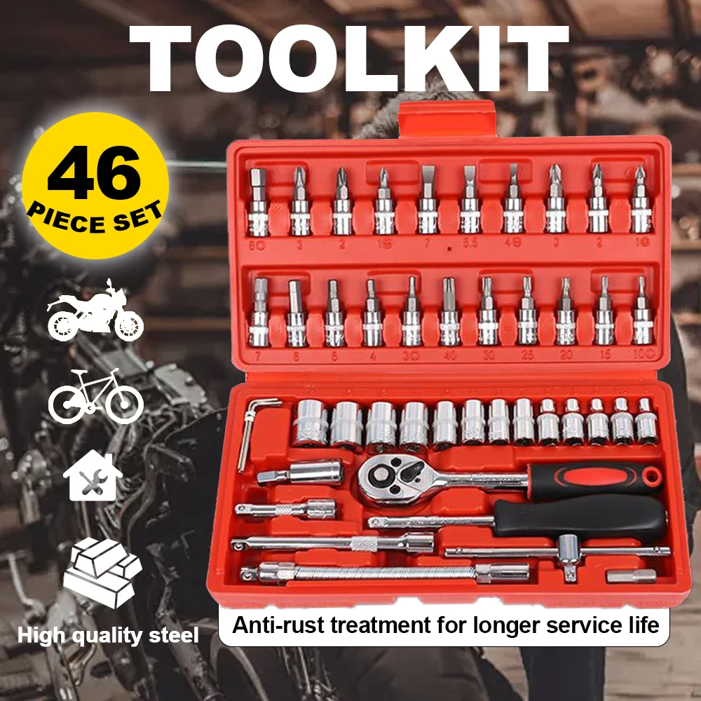 

46Pc Drive Socket Set 1/4 inch Ratchet Wrench Set With Sockets Metric Hex Bit Socket Set Mechanic Tool Kit For Auto Repair House