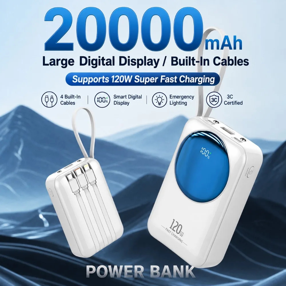 New 20000mAh High Capacity Compact External Battery 3C Certified Super Quick Charge Built-in Cord Portable Mobile Power Bank