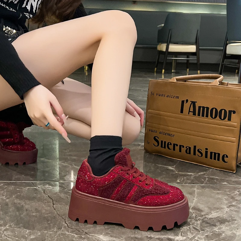 2024 Hot Sale Shoes Female Lace Up Women's Vulcanize Shoes Warm Women Sneakers Crystal Round Toe Platform Ladies Casual Shoes