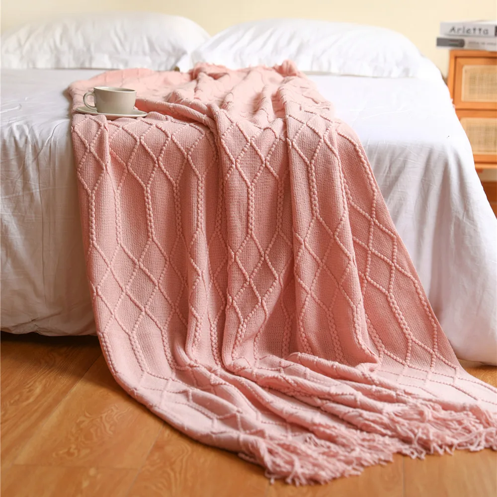 Pink Oversized Gift Blankets Jacquard Textured Soft Knitted Throw Plaids Bedspread Throw Vintage Sofa Cover For Mother's Day