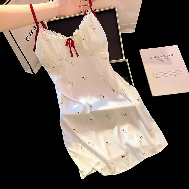 Ice Silk Sleep Dress Women's Style Strap V-Neck Sexy New 2025 Small Size Sweet Lace Trim Nightgown Home Clothes