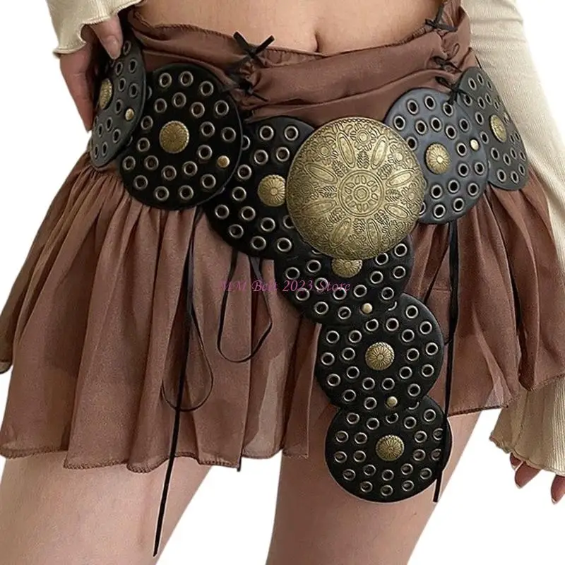 49me เอวตะวันตกห่วงโซ่กรันจ์แกะสลัก Grommet สีเข้มเข็มขัดเอวที่มีสไตล์ grommet